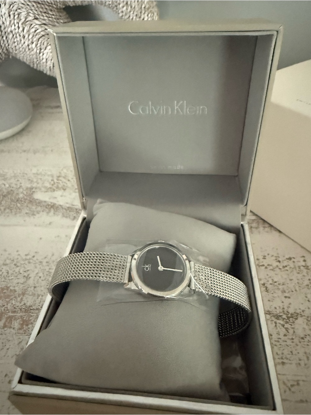 Calvin Klein Silver Mesh Watch with Black Dial